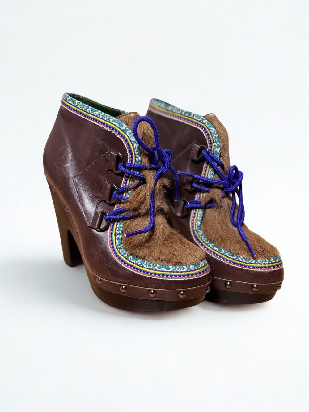 Vtg Y2K Belle Sigerson Morrison Leather Lace Up Calf Hair Heeled Ankle Boots
